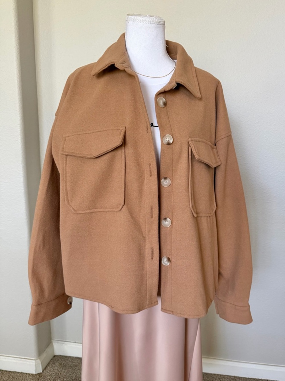 Oversized Camel Button-Up Pocket Jacket - Camel